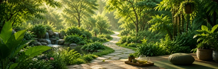 Natural wellness garden pathway and sustainable ecosystem atmosphere