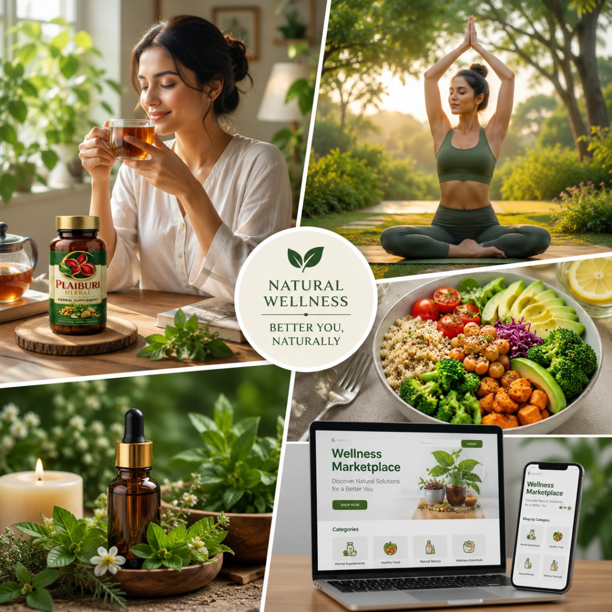 Herbal wellness marketplace and natural product lifestyle concept
